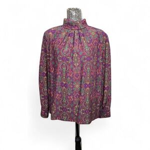 Vintage 80s Dark Academia Paisley Jewel Tone Pleated Mock Neck Blouse XL Retro